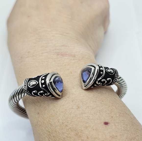 Ornate Designer Inspired Cable Cuff Stainless Steel Blue Crystal Accents - Picture 5 of 5